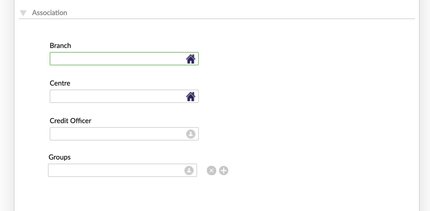 Association section in Creating a Client dialog with branch association as required field